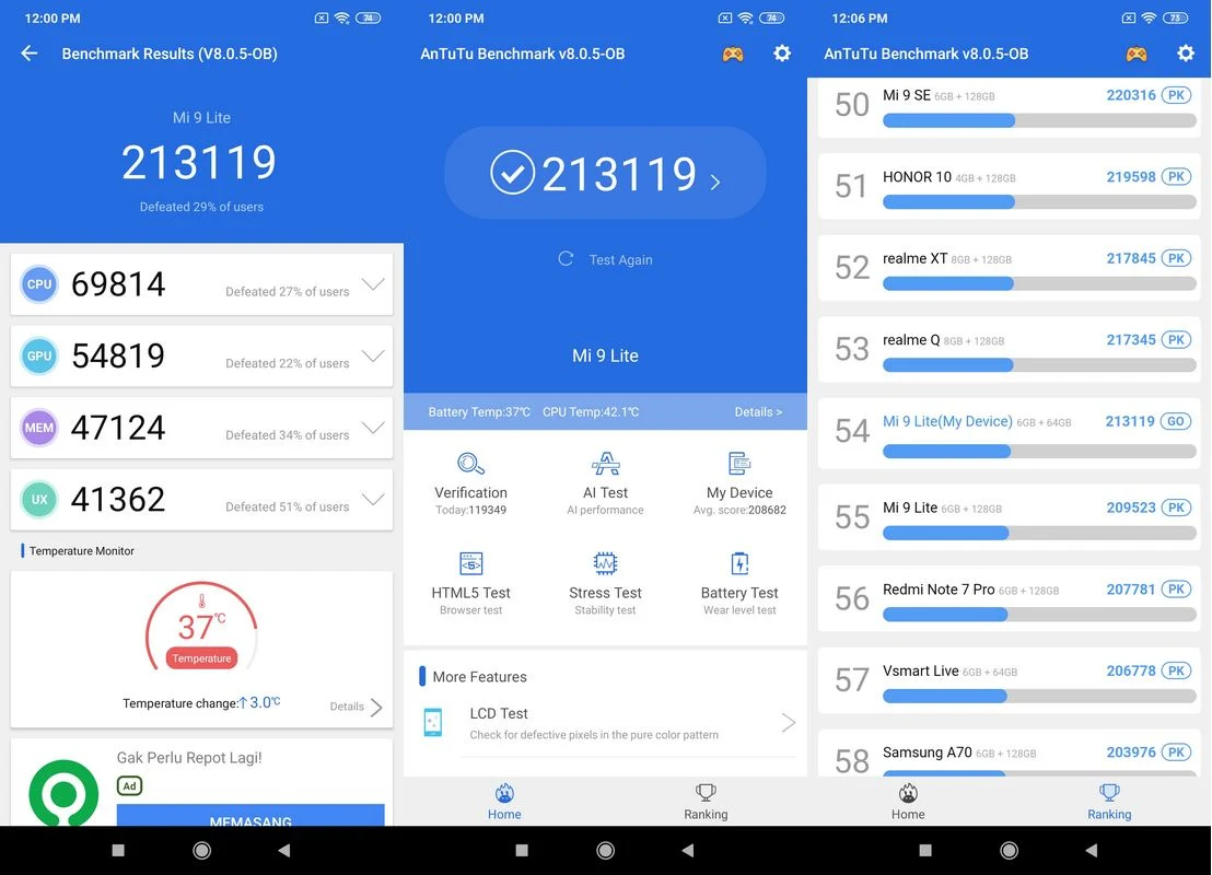 Benchmark AnTuTu v8 Xiaomi Mi 9 Lite