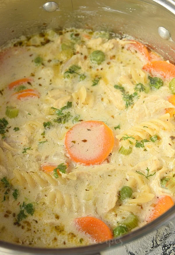 close look of a pot with creamy chunky chicken noodle soup