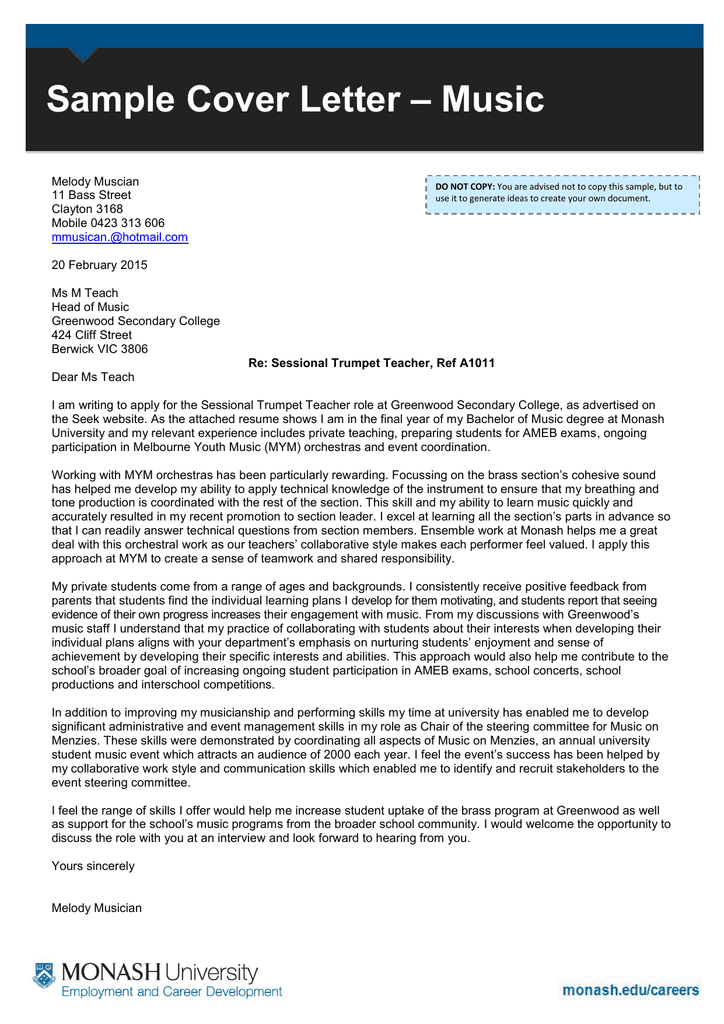 Great Cover Letter For Music Teacher Sample Letter