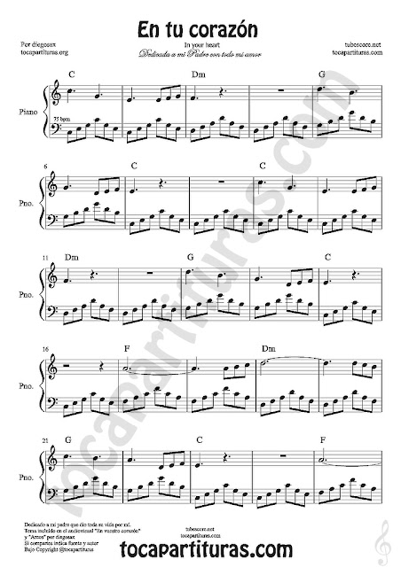  Partituras de Piano "En Tu Corazón" partitura con sentimiento para pianistas. In your heart pianists easy sheet music for beginners piano