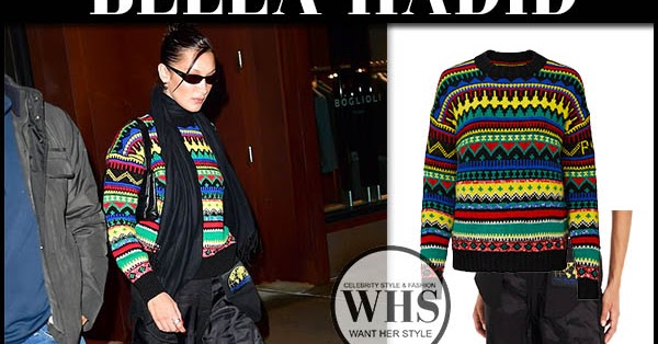 Bella Hadid in Fair Isle sweater and black pants in New York on ...