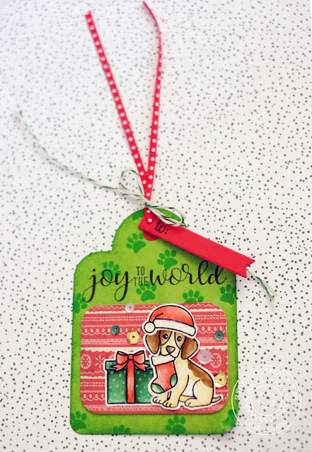 Sunny Studio Stamps: Puppy with Stocking gift tag (using Pet Sympathy, Christmas Icons, Festive Greetings, Playful Polar Bears & Crescent Tag Topper Dies) by Lexa Levana