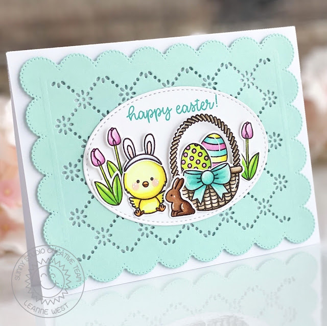 Sunny Studio Stamps: Frilly Frame Dies Stitched Oval Dies Chickie Baby Easter Card by Leanne West