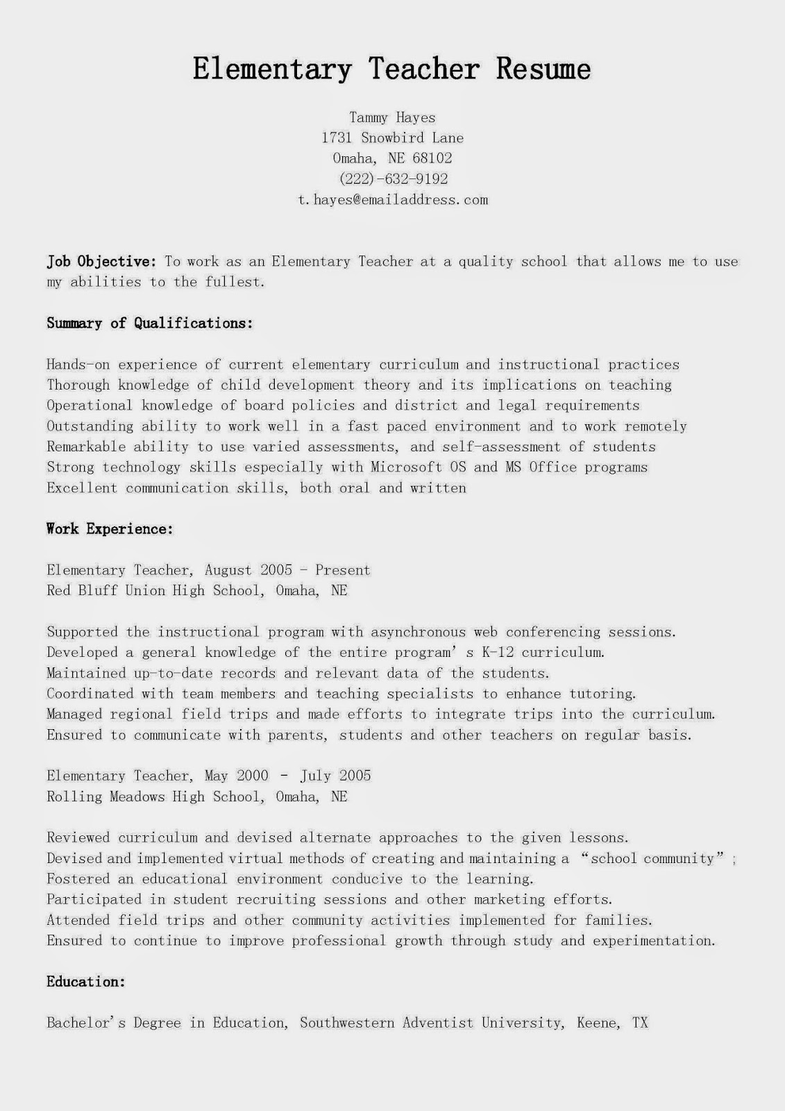 sample resume for teaching teacher