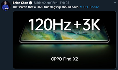 Brian Shen's (VP/Pres. Global Marketing of OPPO) tweet expressing that "The screen that a 2020 true flagship should have. #OPPOFindX2"