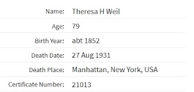 "New York, New York, Extracted Death Index, 1862-1948," database, Ancestry.com (www.ancestry.com : accessed 28 Mar 2019), entry for Theresa h Weil, died 27 Aug 1931; citing the Index to New York City Deaths 1862-1948. Indices prepared by the Italian Genealogical Group and the German Genealogy Group.