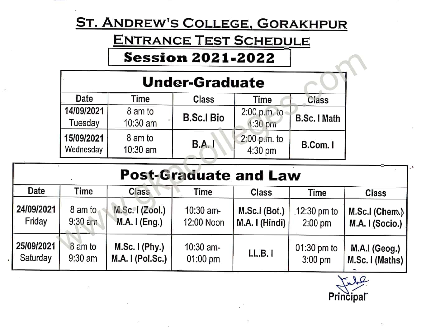 St Andrews College Gorakhpur Entrance Exam 2021-22 Schedule/Timetable