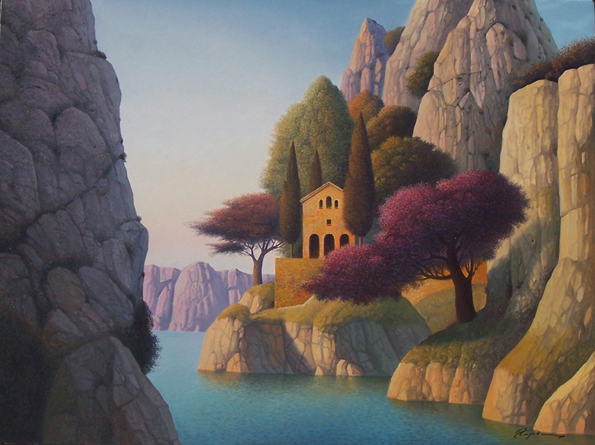 Evgeni Gordiets Evening bay with blooming tree Evgeni Gordiets Evening bay with blooming tree