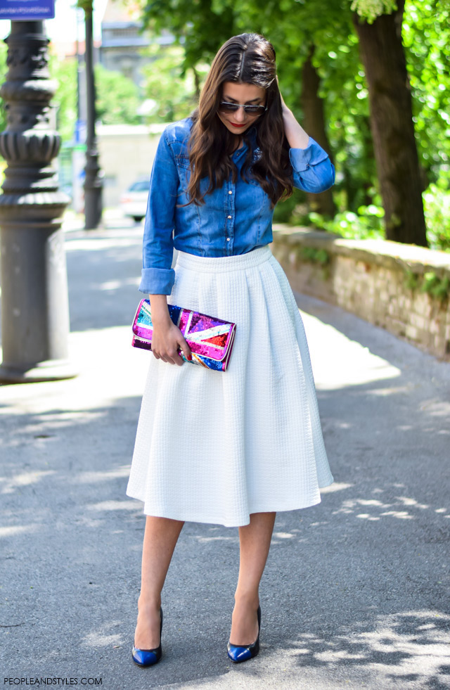 how to wear white midi skirt, denim shirt, court pumps. Street style work look Dasha Vukobratović