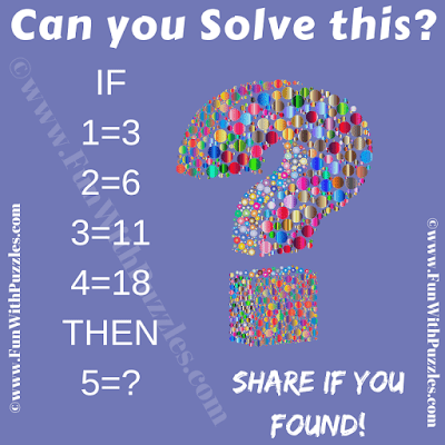 If 1=3, 2=6, 3=11, 4=18 Then 5=?. Can you solve this Maths Logical Reasoning Puzzle?