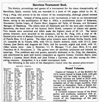 Revista American Chess Bulletin de diciembre de 1913 mencionando la edición del libro del Dr. Esteve Puig i Puig sobre el torneo de Barcelona de 1913