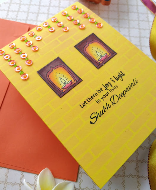 DIY Toran, Sequins on cards, Easy Diwali cards, Craftangles, Craftangles Diwali stamps, Zig cleanDiwai greeting card,water colouring,Zig clean colour brush pens,CAS card,Diwali Crafts,Quillish,