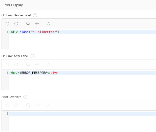 Screenshot showing Theme 21 > Optional Label with Help label template before any changes. Shows an empty Error Template and error markup defined in the On Error Before Label and On Error After Label attributes