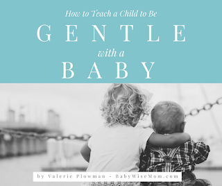 Text: How To Teach a Child to be Gentle with a Baby  Picture: toddler with arm around baby shown from behind