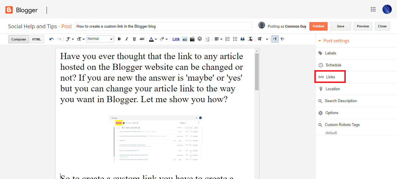 How to create a custom link in the Blogger blog, Step-by-step-Guide