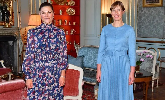 Crown Princess Victoria wore a new Sadie floral print midi dress from By Malina. Oscar de la Renta earrings