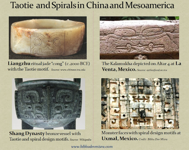 The Taotie motif on Chinese jade artifacts resembles the Kalamukha found in Olmec and Hindu art, while Chinese spiral design motifs on Shang Dynasty artifacts resembles the spiral designs at Mayan sites such as Uxmal, Mexico