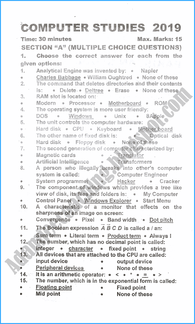 Adamjee Coaching 9th Computer Studies Past Year Paper 2019