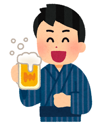 浴衣でビールを飲む人のイラスト（男性）