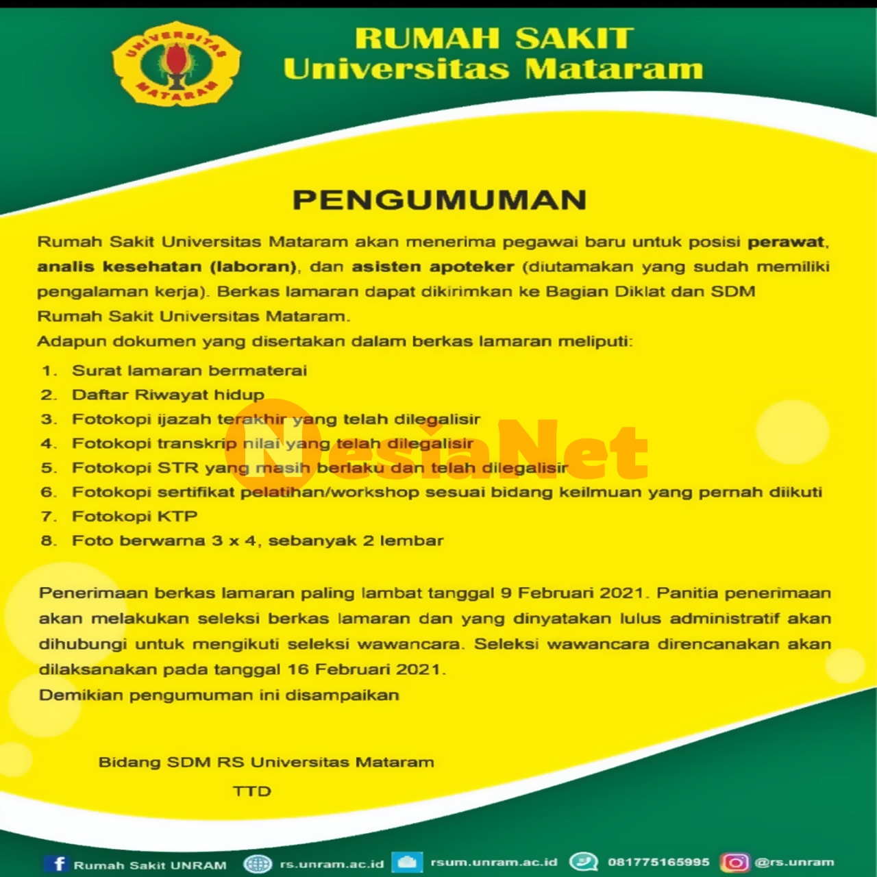 Lowongan Kerja Rumah Sakit Unram Rs Pendidikan Universitas Mataram Lombok Ntb Nesianet