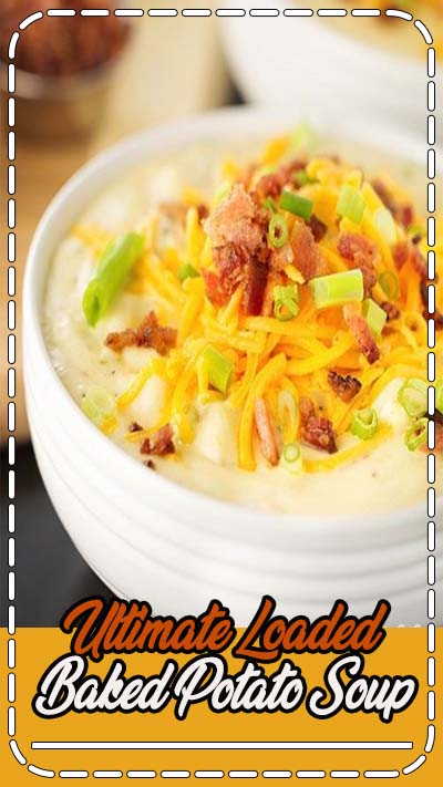 Ultimate Loaded Baked Potato Soup with tender potato chunks, fresh sharp cheddar cheese, crispy bacon, and green onion for garnish!