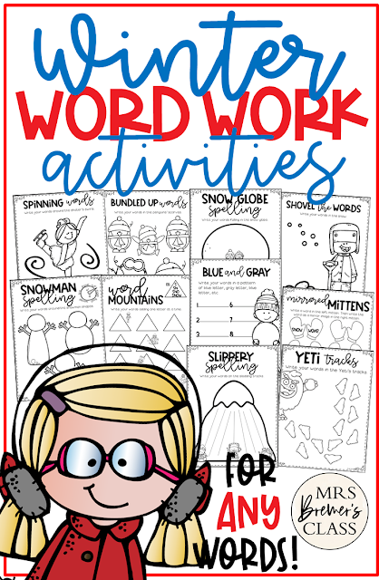 Winter themed word work spelling activities for ANY words! Word work is an essential part of language learning in the primary grades. Make word work FUN while LEARNING takes place! They can be used for absolutely ANY word learning! Perfect for literacy centers or sub plans. A must have for Kindergarten- Third Grade! #wordwork #wordworkactivities #spelling #1stgrade #2ndgrade #kindergarten