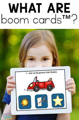 What are Boom Cards? What are Boom Cards title image for pinning with girl holding and iPad with rhyming boom card