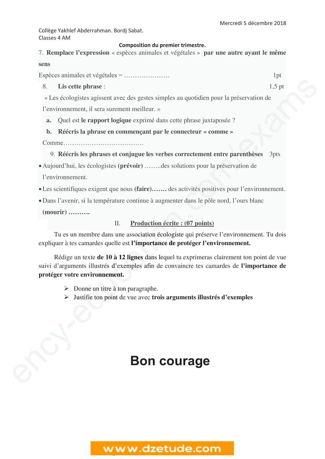 إختبار الفصل الأول في اللغة الفرنسية للسنة الرابعة متوسط - الجيل الثاني نموذج 3