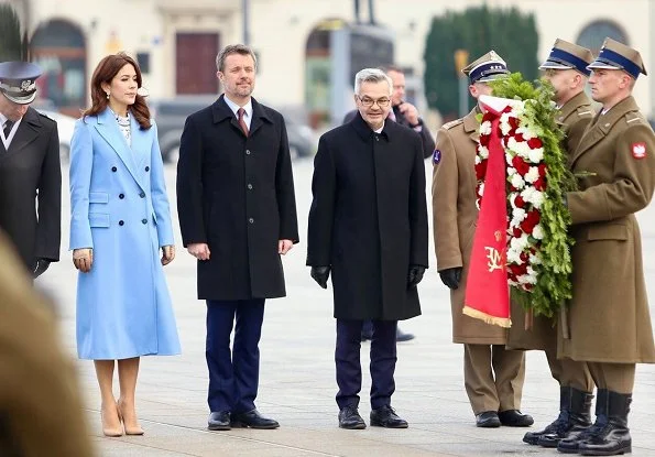 Crown Princess Mary wore Strenesse wool virgin coat in Loro Piana and print blouse. Andrzej Duda and Agata Kornhauser-Duda