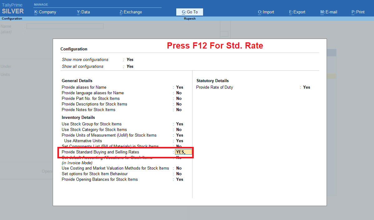 Set standard price in tally prime Enable Standard rate for stock items