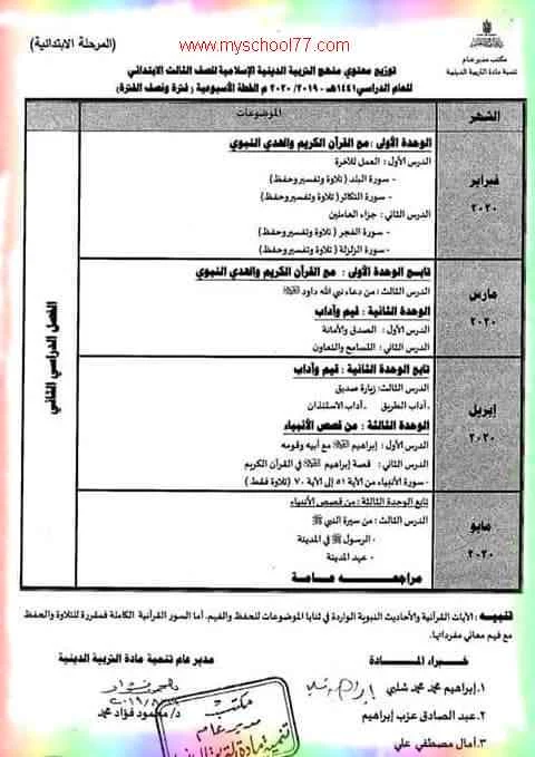 توزيع منهج التربية الاسلامية للصف الثالث الابتدائى ترم ثانى2020- موقع مدرستى