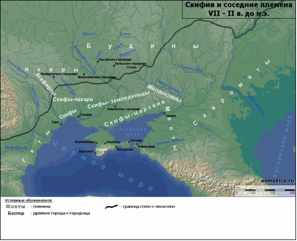 Карта расселения скифов и окружающих племен по Геродоту в VII-II вв. до н.э. nomadica.ru