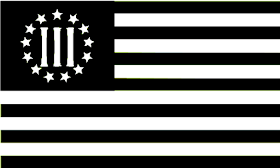 flag wiith 13 horizontal black and white stripes, black field in upper left corner with thirteen white stars surrounding the numerals "III"