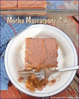 Mocha Mascarpone Cake, this cake features both chocolate and coffee flavors, topped with a creamy mascarpone frosting. | recipe developed by www.BakingInATornado.com | #recipe #cake