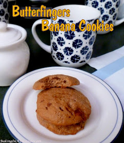 Butterfingers Banana Cookies are a soft cookie with a surprise crunch inside. Banana and crunchy peanut butter batter is studded with butterfingers pieces for a delicious flavor pairing. | Recipe developed by www.BakingInATornado.com | #recipe #cookies