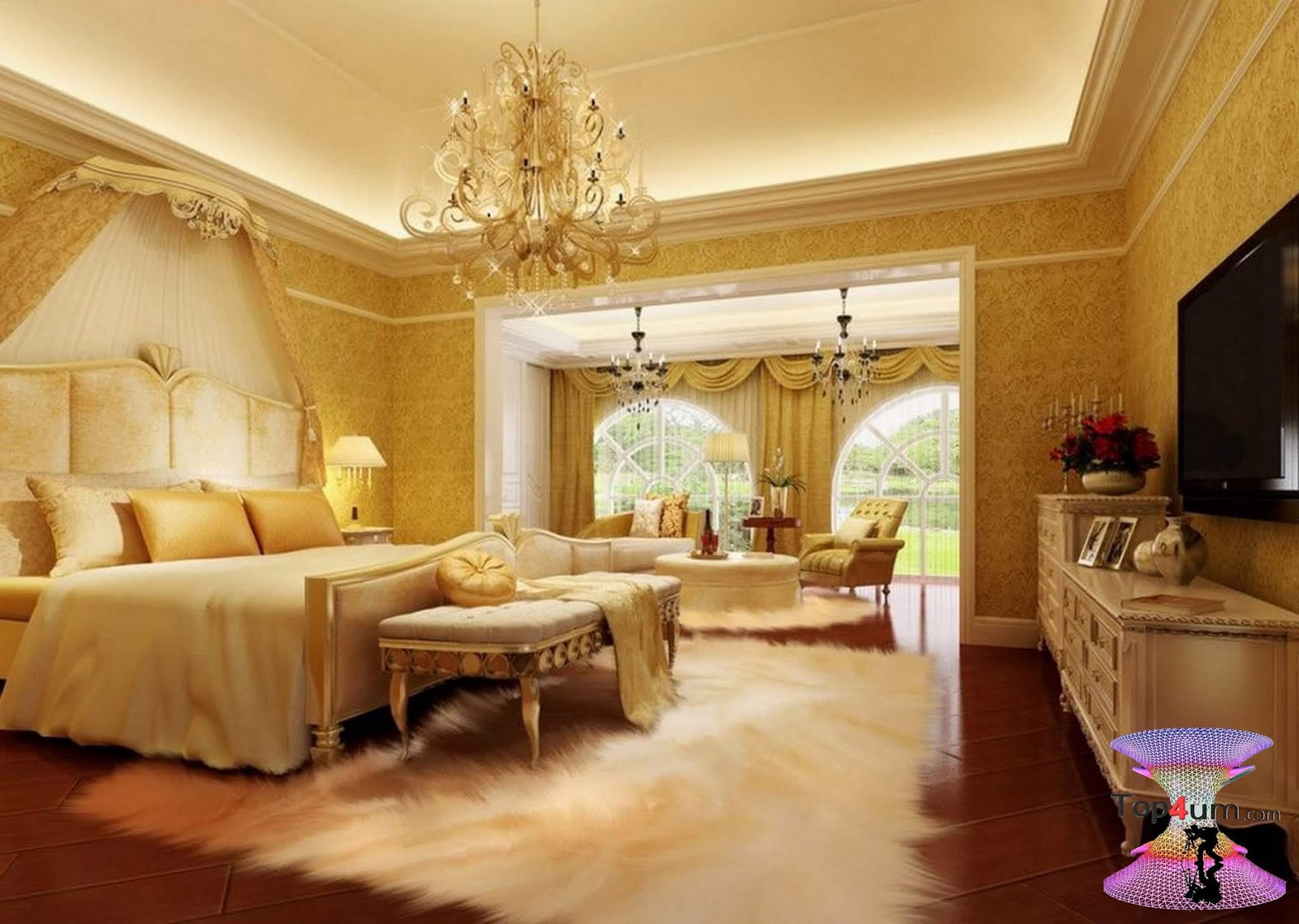 Дом золотого цвета. Роскошный интерьер. Гостиная в золотистом цвете. Комната в классическом стиле. Спальня с золотом.