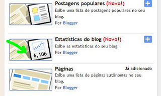 Click na opção estatísticas do blog. Escolhendo o gadget estatísticas.