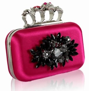 Pink Satin Boxed Black Crystal Decoration Skull Knuckle Handle Evening Prom Party Clutch Bag (16cm x 10cm) with PreciousBags Dust Bag