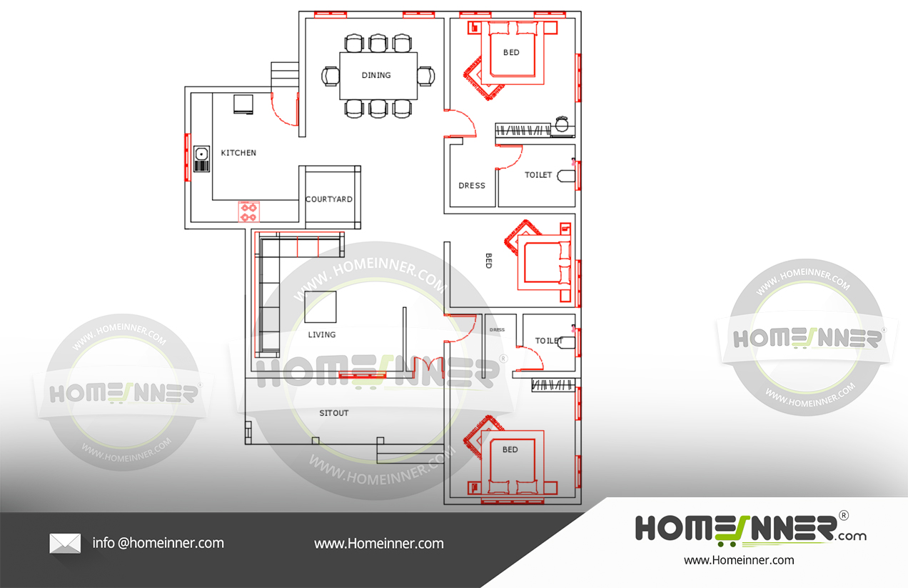 Free 1700 sq ft 3 Bedroom villa floor plan