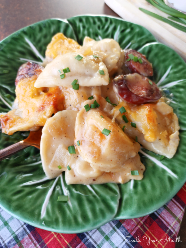 South Your Mouth Cheesy Pierogi and Kielbasa Casserole
