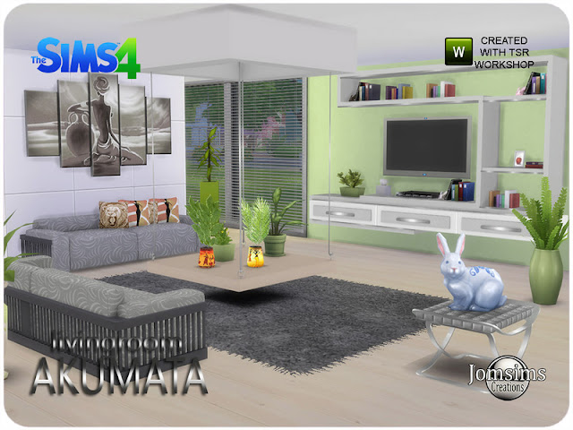 Akumata living room Akumata гостиная для The Sims 4 чистые линии и современная структура. и некоторые элементы на тему Африки. Но не доводить до крайности. Всего несколько касаний здесь и там. 1 диван в 3 цветах. 1 структура дивана в 3 цветах. 1 журнальный столик подвесной 3 цвета и металл. 1 подушки деко диван единый цвет африка тема. 1table горшок растение Африка тема. Вторая и различная тема Африки бака завода завода таблицы. 1 структура стены разная поверхность в 3 цветах. 1 слойка, но стол тоже в 3 цветах и ​​металле. 1 проигрыватель DvD Blue Ray, просто деко 1 черная и 1 металлическая текстура, чтобы создать аутентичную и современную сторону. Автор: jomsims