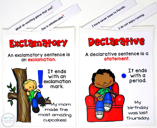 Have your students sort the 27 sentence strips into declarative, interrogative, imperative, and exclamatory envelopes. This FREE lesson can be used with small groups or the entire class. It includes the posters, sentences strips, and more!