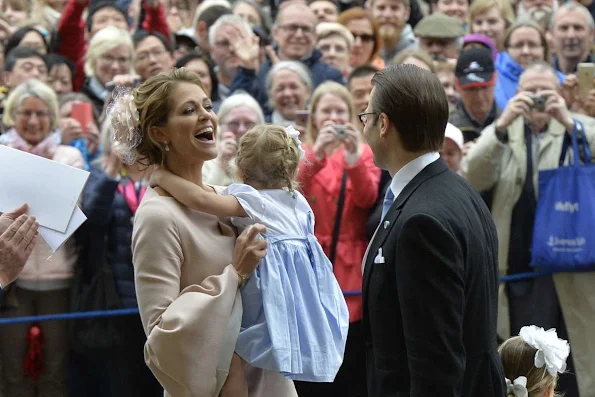 Queen Silvia and King Carl Gustaf of Sweden, Crown Princess Victoria, Prince Daniel, Princess Estelle, Princess Madeleine of Sweden with daughter Princess Leonore and Christopher O'Neill, Prince Carl Philip and Princess Sofia, Prince Haakon and Princess Mette-Marit of Norway, Crown princess Mary and Prince Frederik of Denmark, Ewa and Olle Westling at the christening of Prince Oscar of Sweden at the Royal Chapel in Stockholm.Antonio Berardi Blue Cape-back Stretch Crepe Dress