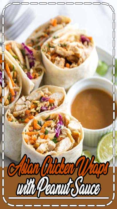 These Asian chicken wraps with peanut sauce are an easy and healthy lunch. Tortillas filled with chicken, crunch coleslaw and peanuts with a spicy, tangy peanut sauce. #chicken #lunch