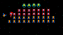 Capture of the armada in formation in the 1981 arcade game, Galaga.