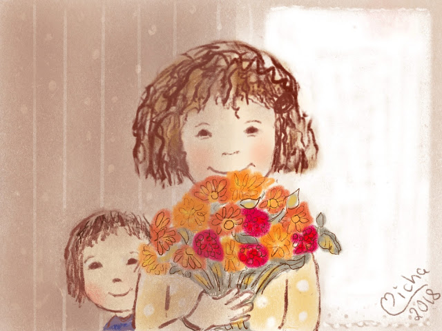 Eine warmherzige Illustration von zwei Kindern, welche ihre Mutter mit einem großen Blumenstrauß überraschen. Bilderbuch Illustration.