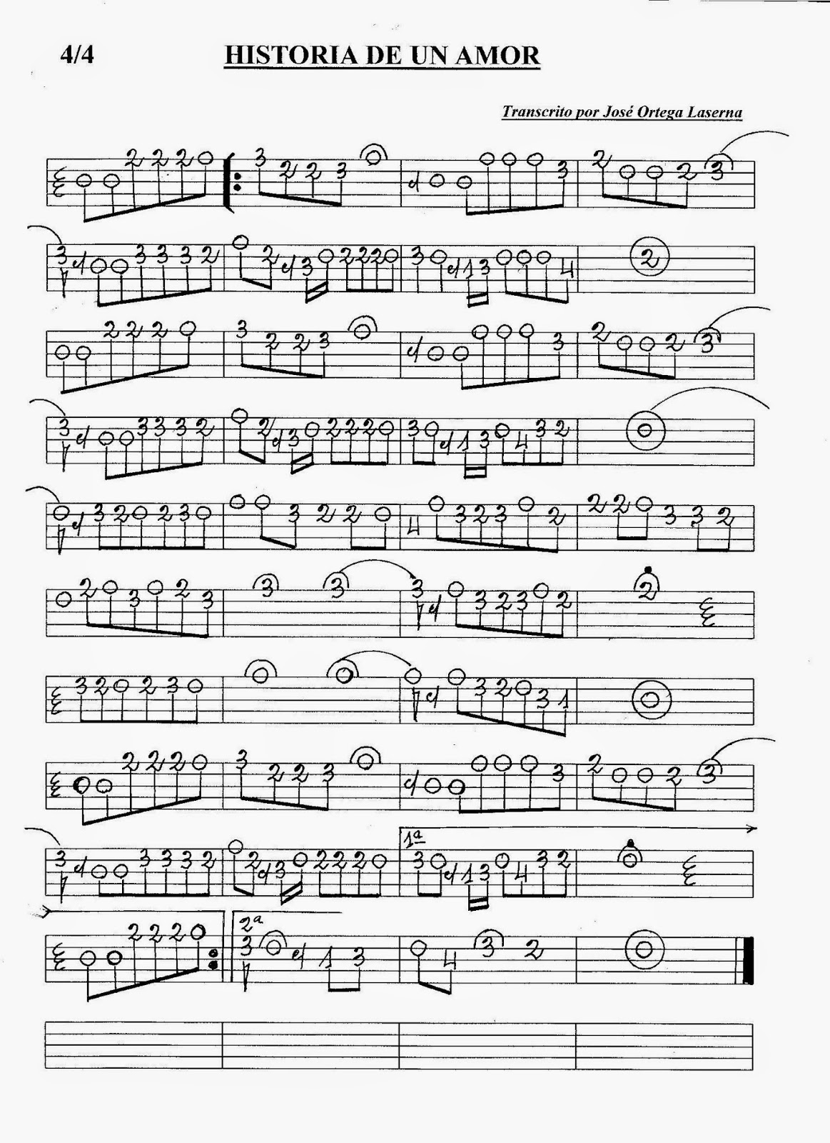 PARTITURAS EN CIFRA PARA BANDURRIA Y LAÚD DE JOSÉ ORTEGA LASERNA HISTORIA DE UN AMOR