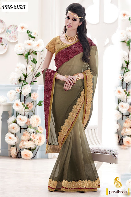 Latest Fashion Designer Wedding Wear Olive Color Party Wear Chiffon Sarees Online Shopping with Lowest Rate Prices at Discount Sale Offer at Pavitraa.in