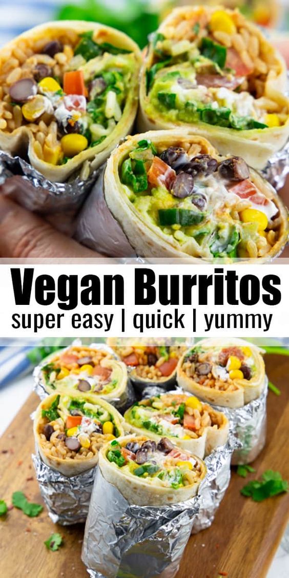 This vegan burrito is stuffed with brown rice, black beans, corn, vegan sour cream, and guacamole. Vegan burritos are the perfect comfort food. And they're so easy to make! Make them for a simple weeknight dinner. Find more vegan recipes at veganheaven.org! #vegan #veganrecipes #vegetarian