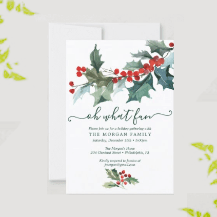 Holiday Christmas Oh What Fun Holly Party Invite